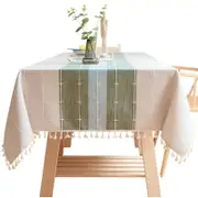 Catzon Embroidery Tassel Tablecloth Cotton Linen Dust-Proof Table Cover for Party Home Tabletop Decoration-GreenBlue