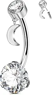 [OUFER] Belly Button Rings, Threadless Push In Belly Rings For Women, G23 Solid Titanium Dangle Moon Belly Piercing Jewelry, Clear CZ Navel Piercing Jewelry, Long Belly Piercing Jewelry