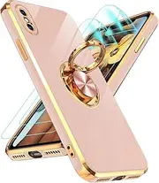 LeYi for iPhone X Case: iPhone Xs Case with 2 Pack Screen Protector and 360° Rotatable Ring Holder Magnetic Kickstand, Plating Rose Gold Edge Protective for iPhone X, Pink