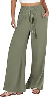 [Generic] Women Wide Leg Casual Pants Elastic Waist Baggy Trousers High Waisted Lightweight Pant with Drawstring