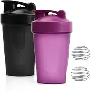 Set of 2 Protein Shaker Bottle 400 ml Water Bottle Blender pour Leakage -Proof with Blender Ball Drinking Bottle bpa free Nutrition Protein Shaker for Creamy Whey Protein Powder Shakes, Black + Purple