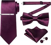 DiBanGu Men Ties Bowtie Set Satin Necktie Bow Tie and Pocket Square Cufflink Set for Men with Silver Tie Clip