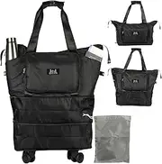 [QUILIVIK] Rolling Duffle Bag with Wheels, Expandable Foldable Duffle Bag with pockets for Water bottle with Wheels carrying pouch & Handle for Travel,Rolling Luggage bag with Front Pouch., Black, 55L, Duffle