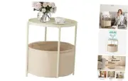 2 Tier Modern Side Table, Round End Table Living Room with Fabric Basket,
