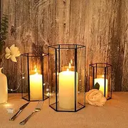 FIAHOSEY Glass Hurricane Candle Holder, Set of 3 Large Clear Hexagon Lanterns Pillar Candle Lantern with Black Metal Frame Wedding Centerpiece Table Decor Home Decorations (Black-Set of 3)