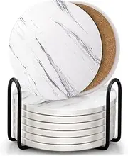 CULOTOL Set of 8 Coasters for Drinks,Absorbent Marble Style Ceramic Drink Coaster with Holder for Coffee Wooden Table White Home Decor,Coasters for Dining Table