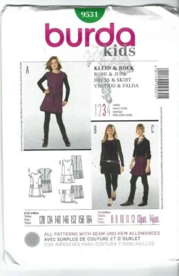 Burda Sewing Pattern 9531, Dress and Skirt, Child 8 - 14 Yrs, Uncut