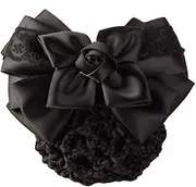Women Hair Bun Cover Net Snood Hairnet Bowknot Decor Satin Bow Barrette French Hair Clip Bow Ribbon Flower Hair Accessories For Stewardess Banks Hotels Restaurant Staff (Black)