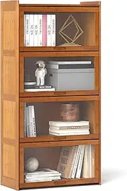 Giantex 4-Tier Bookcase with Doors, 140 cm Bamboo Bookshelf with See-Through Acrylic Doors, Freestanding Cube Organizer Display Cabinet for Study Room, Living Room, Bedroom (Brown)