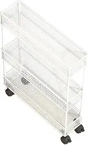 Slim Storage Cart,3-Tier Slide Out Slim,Kitchen Rolling Cart,Iron Art Spice Rack Next to Fridge,for Kitchen, Small Spaces(White,9x50x74cm)