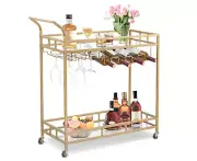 Gold Bar Cart Drinks Coffee Tea Wine Serving Cart Trolley Mirror Glass Shelf Hom