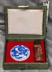 Wax Seal Stamp & Red Ink Porcelain Pot Set Case Vintage Carved Stone Lion New!