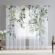 Fereyis Green Eucalyptus Leaves Curtains for Living Room 63 inch Length 2 Panels Set Elegant Wild Flower Floral Spring Printed Window Curtain Natural Sheer Chiffon Drapes for Bedroom