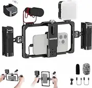 NEEWER Universal Phone Cage Stabilizer Video Rig Lighting Kit with Bluetooth Shutter Side Handle， RGB LED Video Light， USB C Microphone Compatible with iPhone 16 Pro Max 15 Pro Max S24 Ultra， PA009E