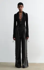 [16Arlington] Pia Lace-Up Leather-Trimmed Top