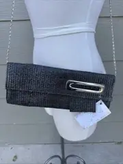 Big Buddha Skinny Clutch Handbag Purse The Cosmopolitan Black Woven Metal Strap