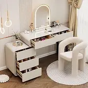 Dressing Table with Mirror and Stool,with Adjustable Brightness Mirror, Girls Women Vanity Desk for Bedroom Dressing Room,Modern Makeup Table with Slide Mirror, Vanity Table Set(White,31in/80cm)