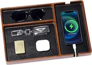ProCase Wood Valet Tray with Removable Leather Pad for Men, Catchall EDC Organizer in Nightstand, Entryway, Bedroom, Storage Dish for Jewelry, Key, Perfume, Watch -Brown