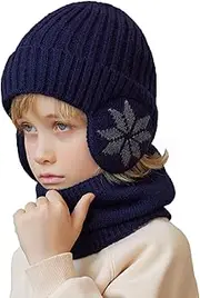 [YAMEE] Winter Knitted Hat Scarf Set for Children, Children's Winter Hat with Ear Flaps, Cold Protection, Windproof, 2-Piece Children's Beanie for Children, Warm Plush, Cap for 4-10 Years Boys Girls