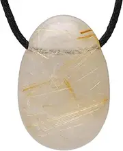 [Lebensquelle Plus] Rutilated Quartz Drop Pendant | Drilled Tumbled Stone Pendant with Cotton Ribbon | High-Quality Gemstone Pendant, Semi-Precious Stone, Rutilated quartz
