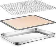 Cookie Sheet with Rack Set, E-far 16”x12” Stainless Steel Baking Sheet Pan for Oven Cooking, Rimmed Metal Tray with Wire Rack & Silicone Baking Mat for Cooling Roasting Bacon Steak - Dishwasher Safe