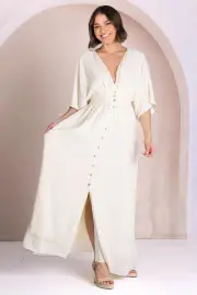 Zyla Maxi Dress - V Neck Button Down Kimono Sleeve Dress in Cream