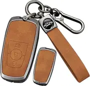 ontto Metal Leather Key Fob Cover Fit for Ford Everest Fusion Mustang Explorer F150 F250 EcoSport Edge S-MAX Ranger Smart Key Shell case keyring Key holder keychain accessories