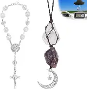 Pack of 2 Rear View Mirror Accessories, AFUNTA Moon Star Amethyst Car Mirror Hanging Accessories Rosary Beads Catholic Cross Car Accessories Home Decor