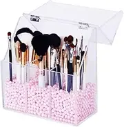 Newslly Clear Acrylic Makeup Organizer with 3 Brush Holder Compartment and Dustproof Lid, Cosmetic Brush Storage Box with Pink Pearls, for Bathroom Bedroom Vanity Countertop