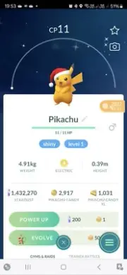 Shiny Pikachu ( Santa Hat ) ( Level 1 ) Pokemon Trade Go