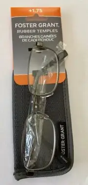 Foster Grant MANNING GUN Men's Reading Glasses +1.75 RUBBER TEMPLE Case NWT