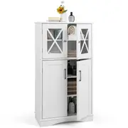 Costway Bathroom Floor Cabinet 4 Door Toilet Storage Cupboard Laundry Sideboard w/Adjustable Shelf Kitchen Entry Living