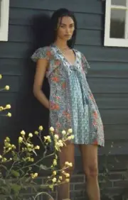 NWT ANTHROPOLOGIE ASTRID BOTANICAL PRINT TUNIC MINI DRESS GREEN FLORAL XS fits S
