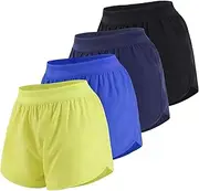 [Liloak] 3 Pack Women's Double Layer Running Shorts, Black/Navy/Bright Blue/Neon Green, Small