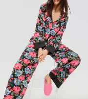 NEW PETER ALEXANDER BLACK MULTICOLOUR FLORAL PJ SET L RRP$119 VISCOSE SATIN TRIM