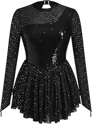 [IBAKOM] Figure Skating Dress for Women Butterfly Sequin Mesh Sleeve Teen Ice Skater Outfits Rhythmic Gymnastics Chiffon Dress