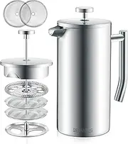 Belwares French Press Coffee Maker - Double Wall 304 Stainless Steel - 4 Level Filtration System with 2 Extra Filters, 34oz (1L)