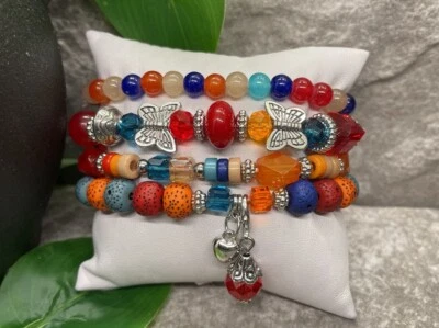 4 PC Handmade Beaded Bohemian 7” Plus Stretch Charm Bracelet Set Heart B3622