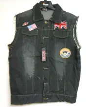 Hudson Outerwear Denim Jean Vest Jacket Flag USA UK Patches with Hood Size S