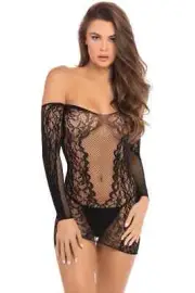 Demure Long Sleeve Mini Dress Charming Low Cut Offer The Shoulder Long Sleeve...