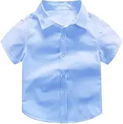 [AIMALL] 1PC Boys Short Sleeve School Shirt, Open Neck with Lay Back Collar, Chest Pocket, Spare Button, Name Tag, Twin Needle Stitching, Durable Design