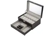 Black Leather Watch Box Jewelry Display Case with Drawers (12 Slots with 2 Layers)