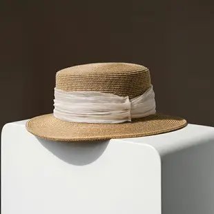 平頂帽 防曬草帽 遮陽帽 新款夏季時尚法式平頂平沿遮陽草帽海邊度假太陽帽禮帽『JJ2665』