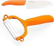 Kyocera Santoku 14cm Ceramic Kitchen Chef Knife & Peeler Vegetable & Fruit Set - Orange
