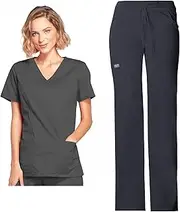 [Cherokee] Women Scrub Sets, Modern Classic Fit Mock Wrap Top 4728 with Contemporary Fit, Low Rise, Flare Leg Pant 24001