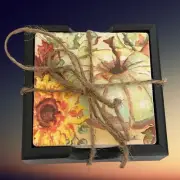 Fall Pumpkin Ceramic Coasters in Wooden Holder set of 4 New handmade 3.5" x 3.5"