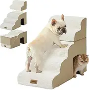 ZOMISIA Dog Steps for High Beds - 5 Step Pet Stairs with Tunnel 2 in 1 with Zippers Suitable for Small Dogs and Cats, Indoor Cat Ladders with Non-Slip Bottom, Beige