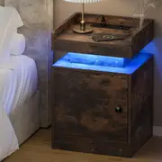Oikiture Bedside Table LED Nightstand USB Charging Station Side Table Brown