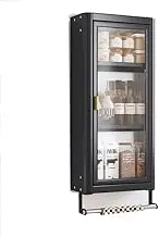LVLDAWA Wall-Mounted Locker Flip-Up Door Wall Cabinet Metal Organizer Storage Cabinet with Translucent Hanging Spice Shelf with Adjustable Shelves Hook for Kitchen(Black,3 layers-30x14x79cm)