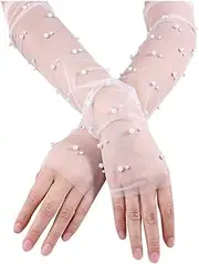 [somg] White Lace Sheer Gloves Long Tulle Bridal Wedding Gloves with Pearl Summer Fingerless Gloves for Women Girls